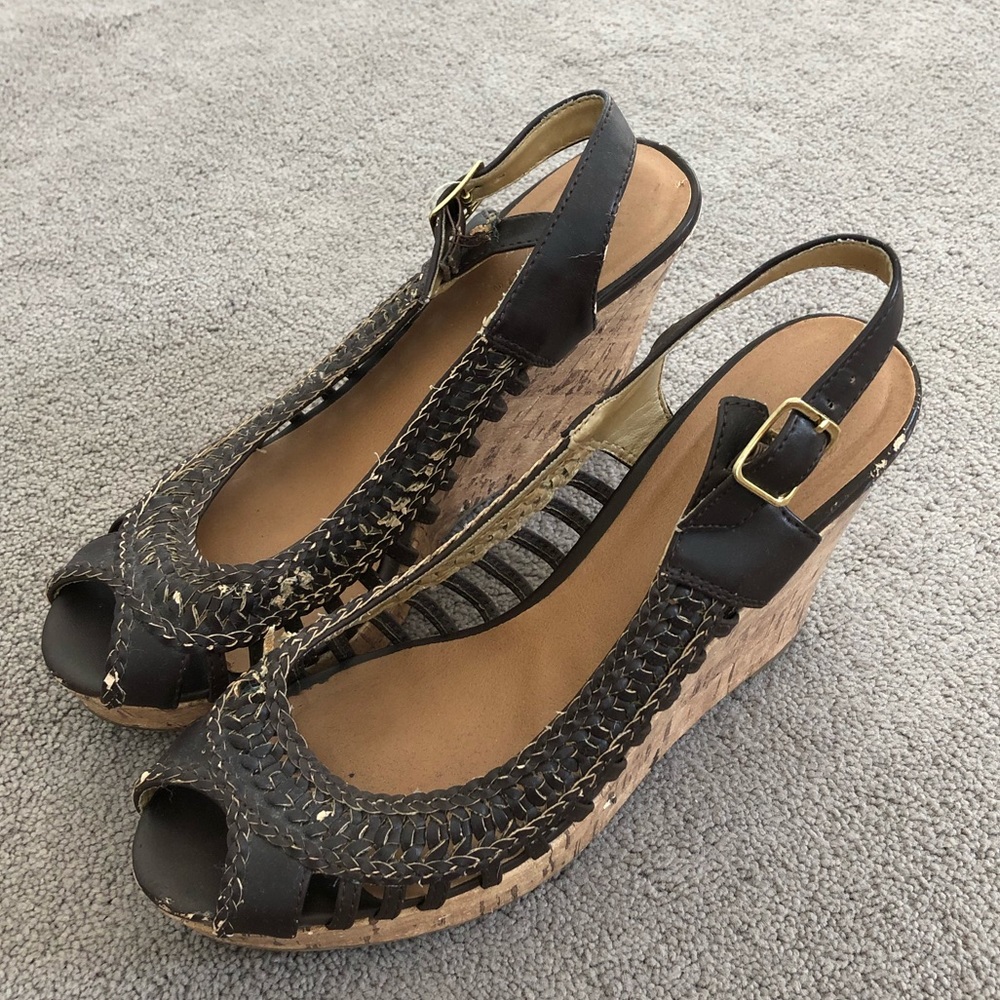 Classified Brown Leather and Cork Open Toe Pumps 8